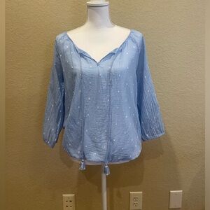 J Crew Women’s Chambray Dot Embroidered Peasant Top. Size S